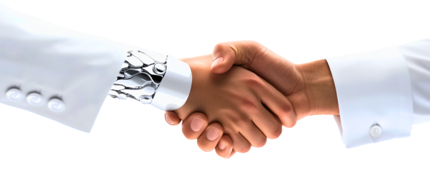handshake between artificial intelligence and a businessman isolated over transparent (white) background; creative concept od cognition, logic solution to use artificialintelligence (ai); business