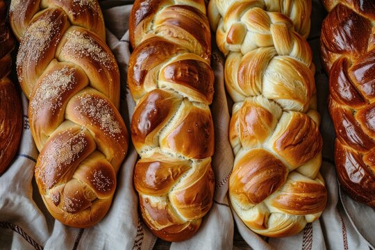Several challah loaves featuring three four and six strand braids are displayed on a linen cloth. The golden crust and detailed patterns highlight traditional baking techniques