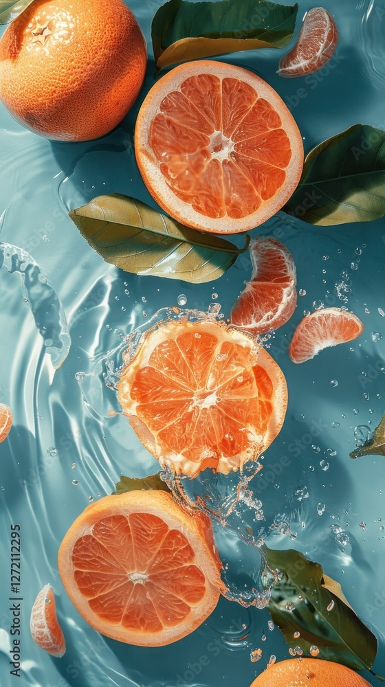 Poster refreshing grapefruit slices and vibrant green leaves float serenely in clear water creating a sooth