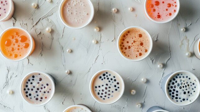 Several cups of bubble tea are arranged in a circular pattern showcasing various colors and fullness levels. The pale textured background enhances the visual appeal of the drink