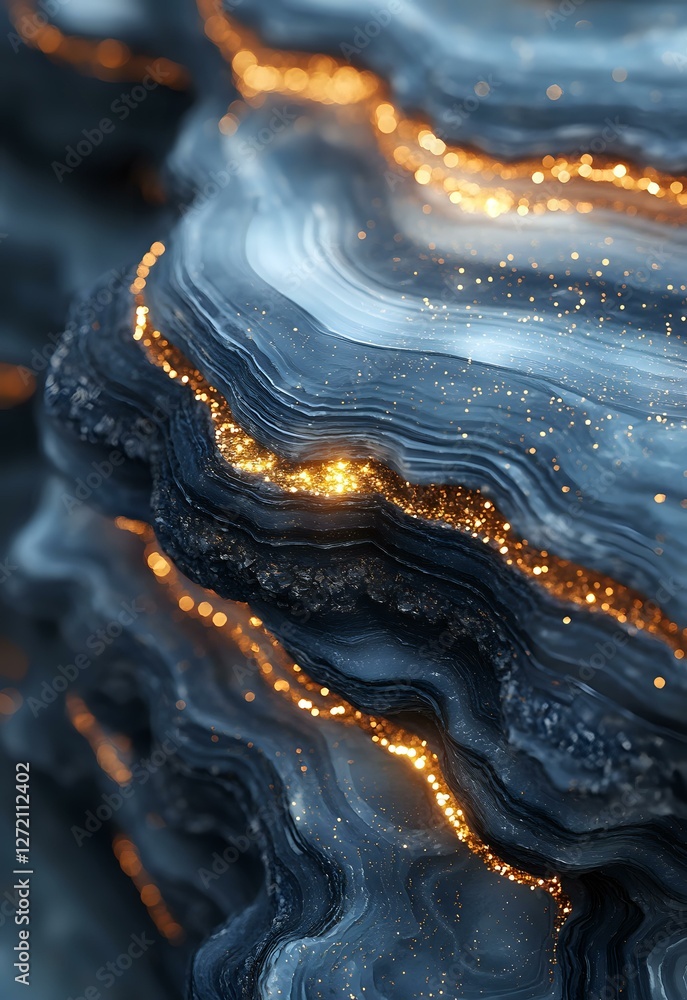Poster luxurious dark blue agate stone texture with golden glowing veins and sparkles creating abstract wav