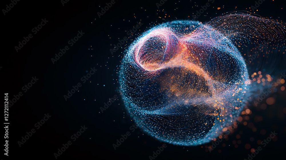 Poster glowing particle sphere with luminous blue and orange trails floating in dark space, abstract digita