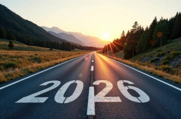Empty road leading to 2026 at sunset in mountain valley