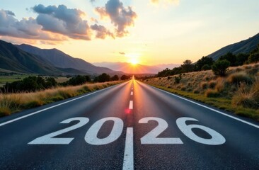 Empty road leading to 2026 at sunset. New year concept