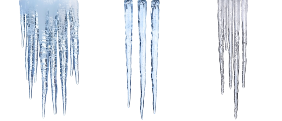 hanging blue icicles with high-detail frozen texture; concept of winter/ early spring weather elements isolated over transparent (white) background 