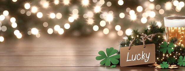 Naklejka premium Jar adorned with a green ribbon and filled with gold coins sits alongside clover leaves, evoking St. Patricks Day cheer with soft lighting