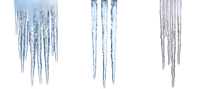 hanging blue icicles with high-detail frozen texture; concept of winter/ early spring weather elements isolated over transparent (white) background 