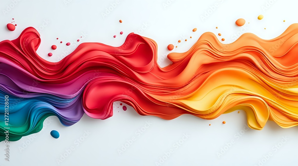 Poster colorful flowing liquid waves in rainbow spectrum from blue to yellow with paint splash effect on wh