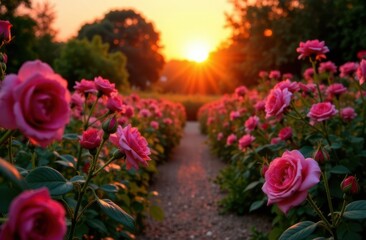 Pink roses blooming in garden at sunset creating magical atmosphere