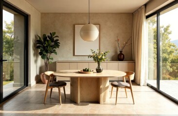 Modern dining room with wooden furniture and large windows overlooking nature