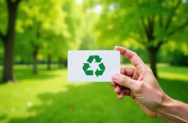 Hand holding recycling symbol card in green park promoting environmental awareness