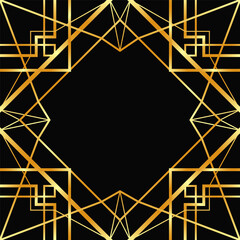 Golden decorative empty frame. Art Deco square line art border for social media, post card, banner on black