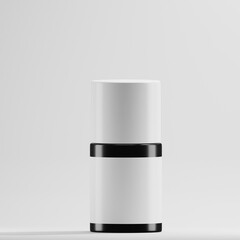 A minimalist cosmetic bottle mockup with a blank white label and black cap and base, perfect for showcasing branding and product design on a clean white background. Ideal for beauty, and skincare.
