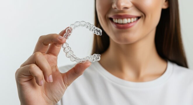 A woman happily displays a clear dental aligner in a bright setting, promoting dental care