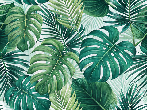 Lush green tropical leaves create a vibrant botanical pattern indoors