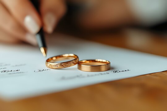 Golden wedding rings on marriage certificate while signing document, romantic ceremony moment captured in soft natural lighting with selective focus.
