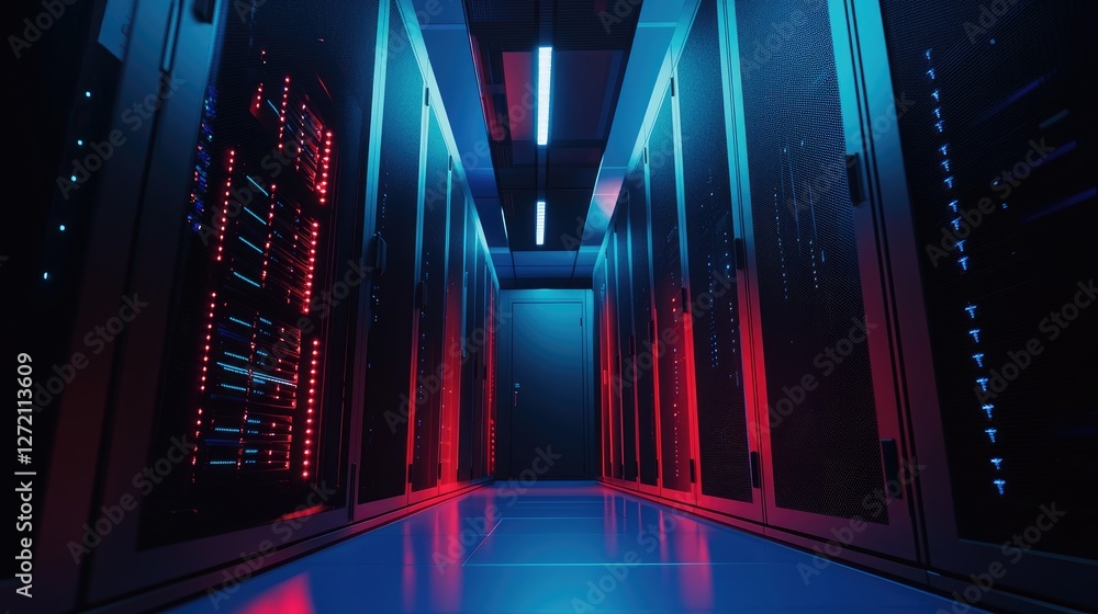 Aufkleber Futuristic data center with glowing red and blue server racks in a secure high-tech environment. Ideal for cybersecurity, cloud computing, artificial intelligence, and network infrastructure