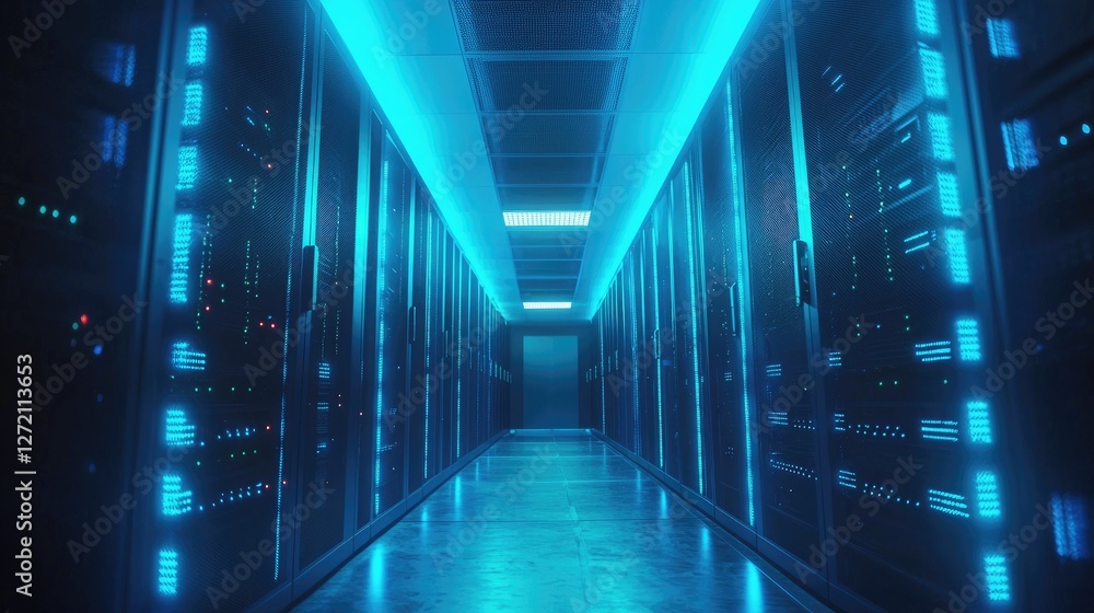 Poster Futuristic data center with illuminated server racks and a high-tech atmosphere. Ideal for technology, cybersecurity, cloud computing, and network infrastructure concepts