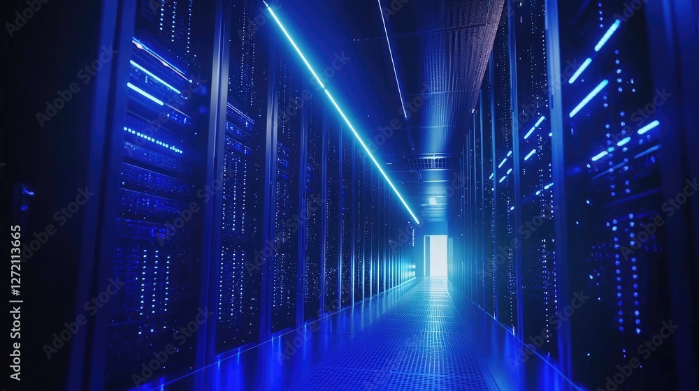 Aufkleber Futuristic data center with glowing server racks and bright corridor lighting. Ideal for cloud computing, cybersecurity, artificial intelligence, and advanced network infrastructure concepts