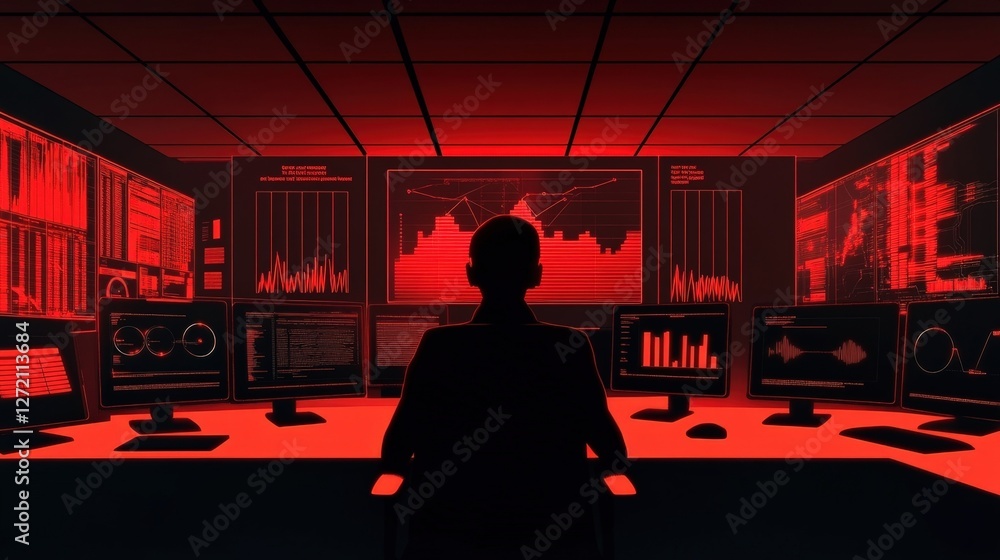Poster silhouetted cybersecurity expert sitting in front of multiple computer screens displaying graphs and