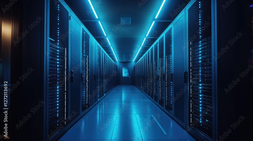Poster Modern data center with glowing server racks in a sleek, high-tech environment. Ideal for cloud computing, cybersecurity, data storage, and network infrastructure concepts