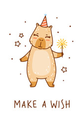 Cute сartoon capybara with sparkles isolated on white background - funny animal for Your Birthday greeting card design