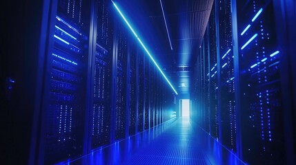 Fototapeta premium Futuristic data center with glowing server racks and bright corridor lighting. Ideal for cloud computing, cybersecurity, artificial intelligence, and advanced network infrastructure concepts