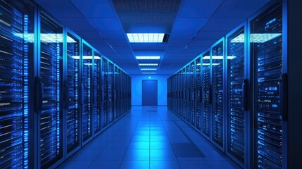 Fototapeta premium High-tech data center with glowing server racks in a futuristic setting. Ideal for cloud computing, cybersecurity, data management, and advanced network infrastructure concepts