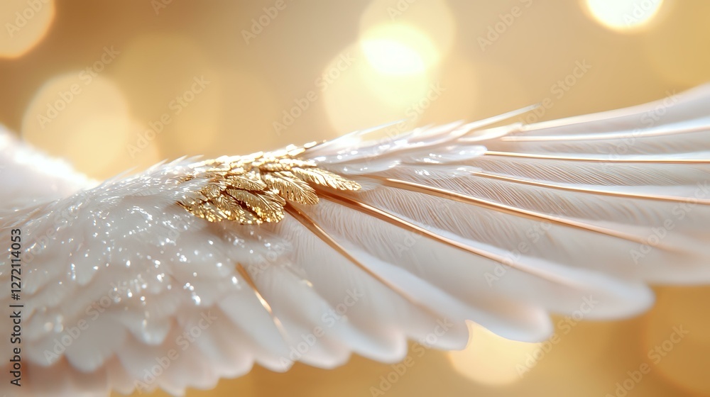 Poster delicate white feather wing detail with golden bokeh light effect in background, macro photography s
