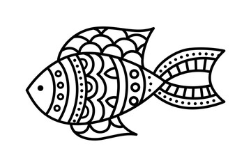 Hand drawn vector linear fish isolated on white. Bold coloring page for kids