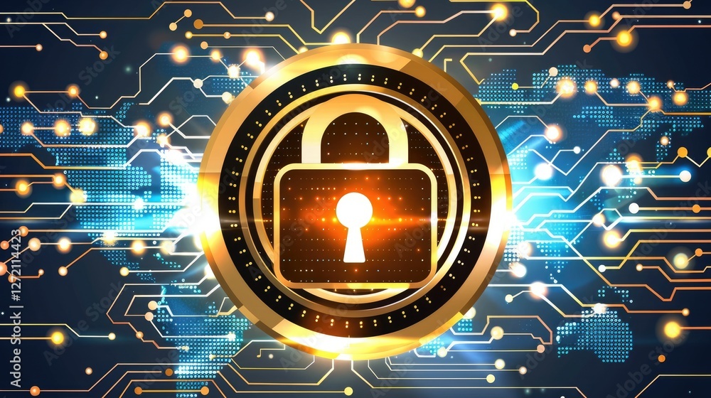 Poster a digital padlock symbolizing cybersecurity amidst a backdrop of interconnected circuits and glowing