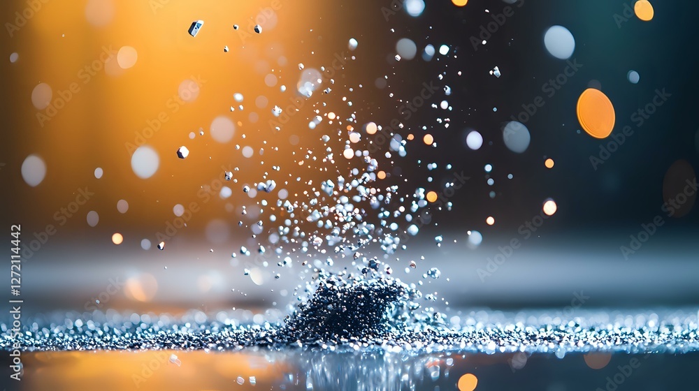 Aufkleber macro photography of water droplets splashing on reflective surface with orange and blue bokeh backg