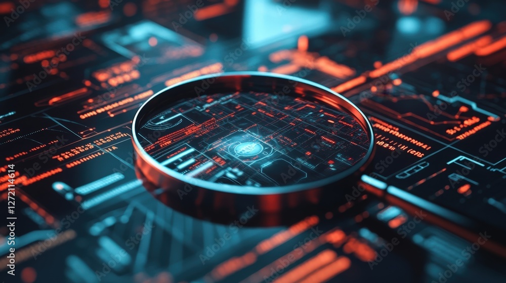 Poster magnifying glass hovering over a futuristic cyber security interface, revealing intricate digital ci