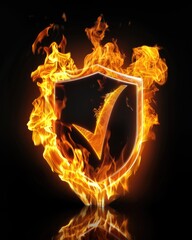 Burning Flame Shield with Check Mark Symbol for Safety and Protection Concept