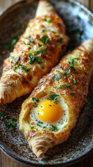 Two perfectly baked cheese boats lie invitingly on a rustic plate, each holding a sunny egg yolk. Fresh herbs garnish the golden pastries, enhancing their delightful appearance