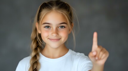 Fototapeta premium Young Caucasian girl with blonde braided hair and bright smile showing number one gesture with finger against gray background, wearing white t-shirt.