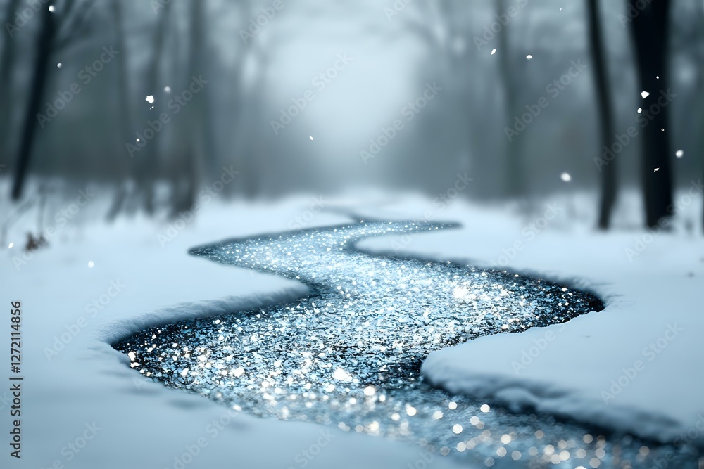 Aufkleber snowy forest path in winter wonderland setting, creating magical atmosphere with bokeh effect and mi