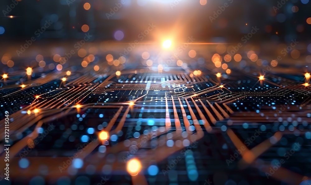 Poster futuristic circuit board with glowing orange and blue light effects, digital technology concept with