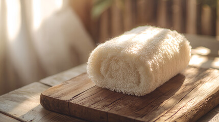 Rolled towel on rustic wooden tray, sunlight creates a spa ambiance for relaxation and wellness.