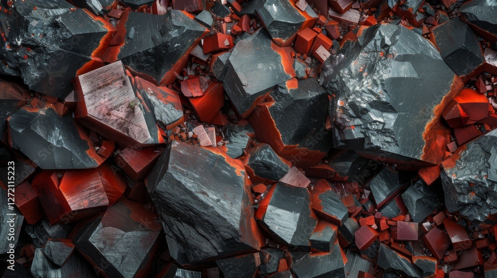 Leinwandbilder jagged black and red stones are scattered across a surface, with glowing cracks illuminating the roc