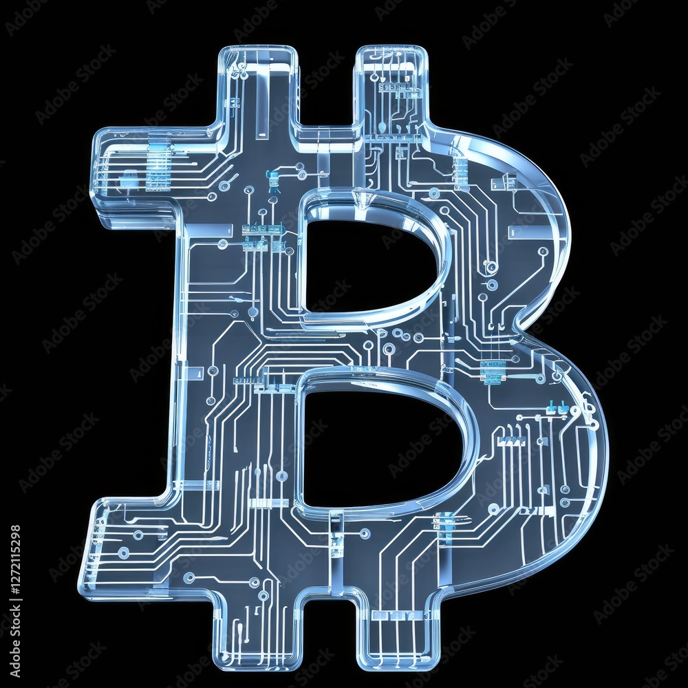 Poster a digital representation of the bitcoin symbol, showcasing intricate circuit patterns, symbolizing c