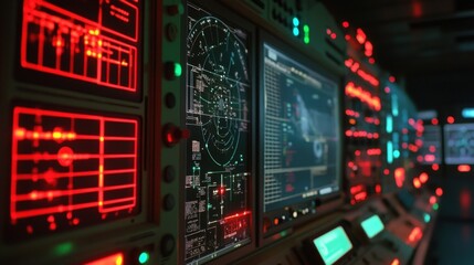 Complex control panel featuring various charts, graphs, and data visualizations, highlighting advanced cyber security monitoring and analysis in a futuristic environment with glowing lights