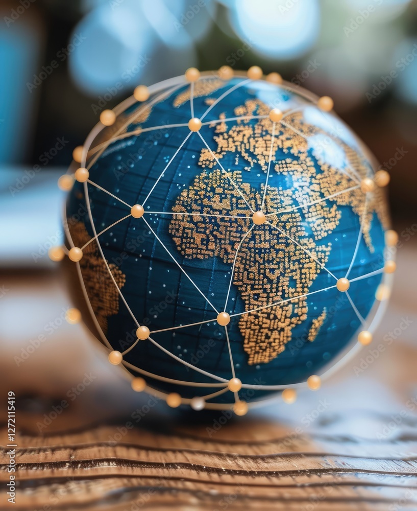 Poster a detailed globe representing interconnected continents, showcasing a network of nodes symbolizing g