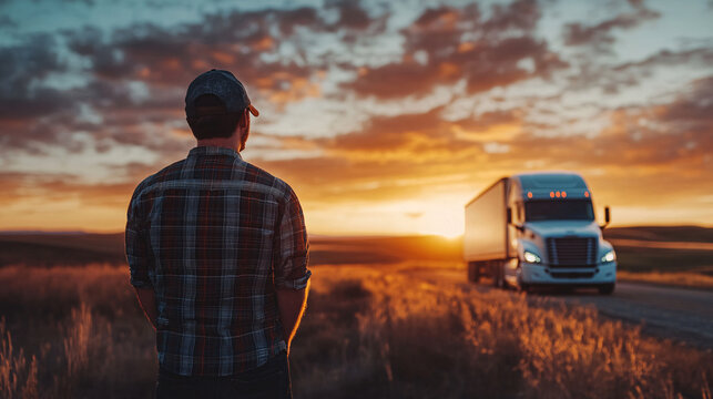 close up trucker from behind standing looking at white freightliner cascadia in the distance, sunset