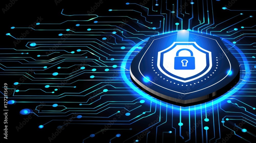 Poster a digital shield with a padlock symbol set against a high-tech background, representing cybersecurit