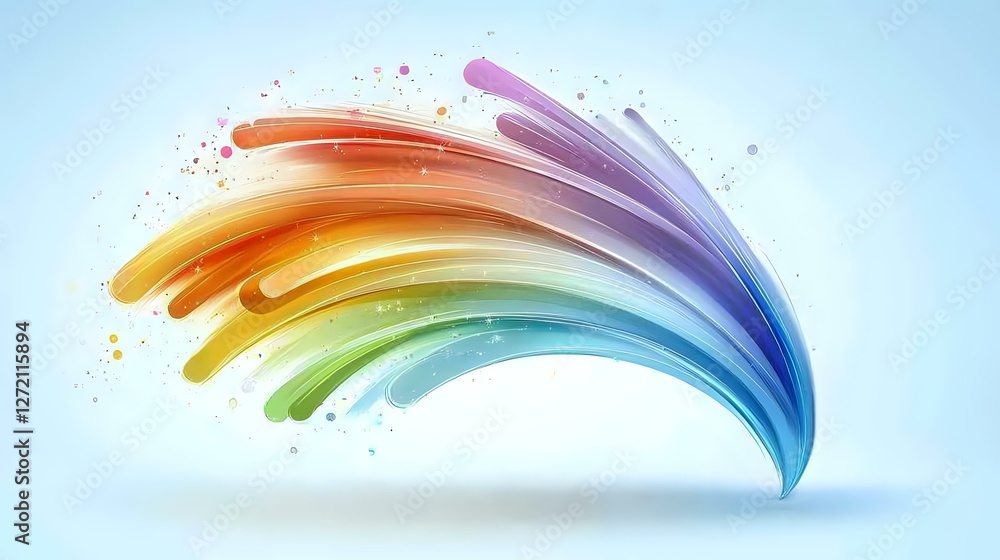 Poster vibrant rainbow-colored abstract swoosh with dynamic fluid motion effect and light sparkles on soft 