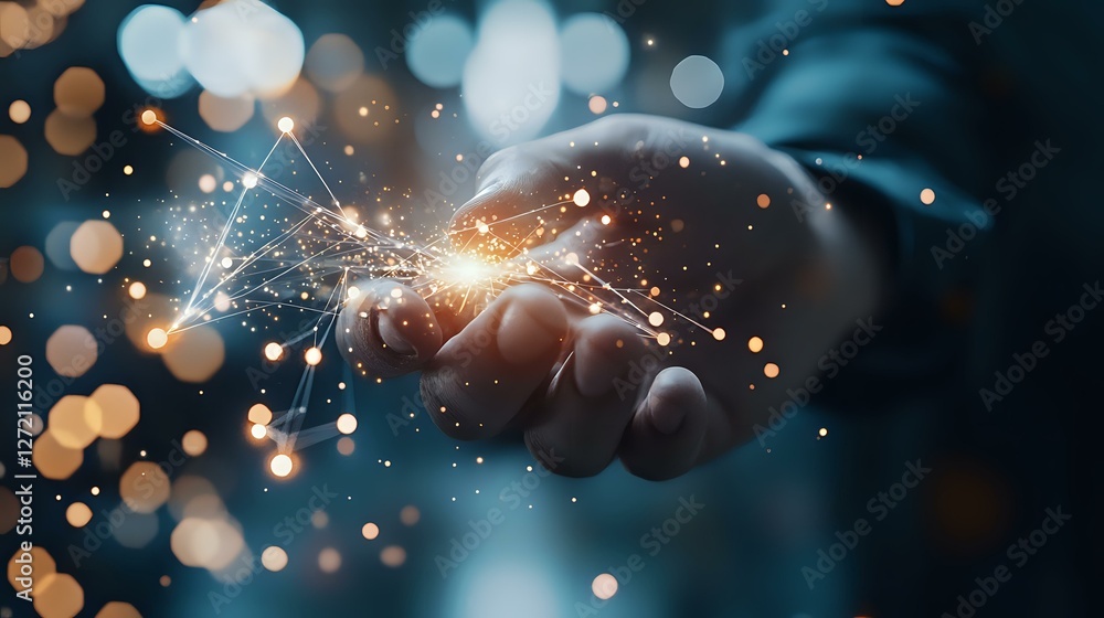 Poster magical glowing sparkles and light particles floating above open palm against dark background with b