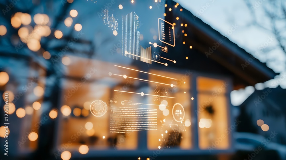 Aufkleber digital technology interface overlay on blurred modern house exterior with glowing bokeh lights and 