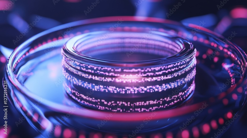Aufkleber glass cylinder rotating and showing encrypted data inside a futuristic server room with pink and blu