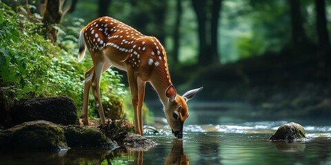 A deer drinks water from a river in the forest

